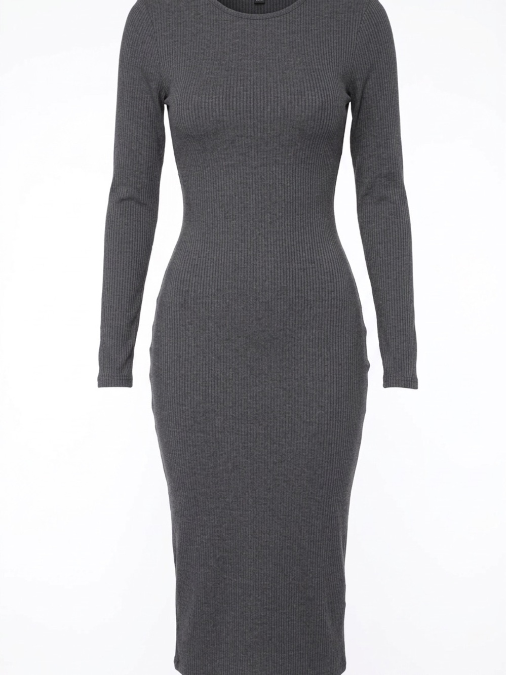 Long Sleeve Ribbed Midi Dress - Charcoal Gray